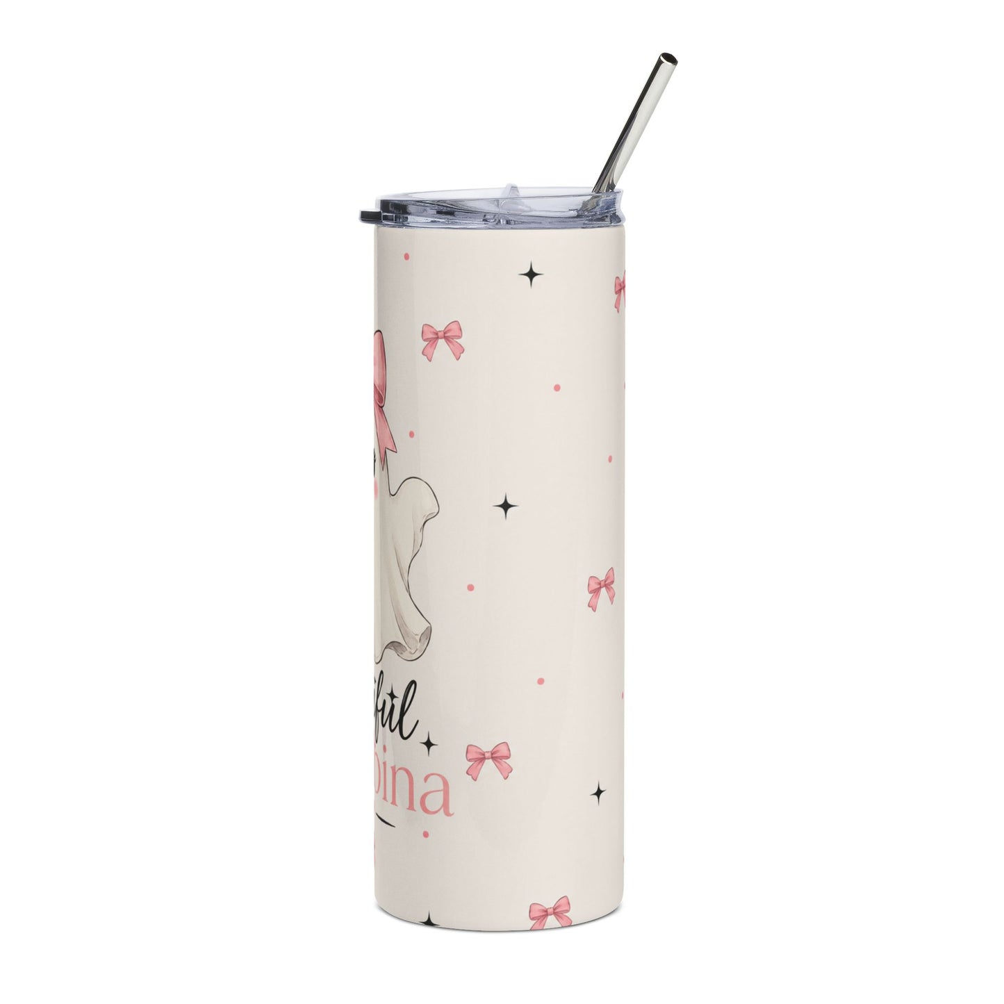 20oz Skinny Tumbler — "Bootiful Bambina" Cute Ghost Pink Bow Stainless Steel Travel Cup | The Bespoke Bambina