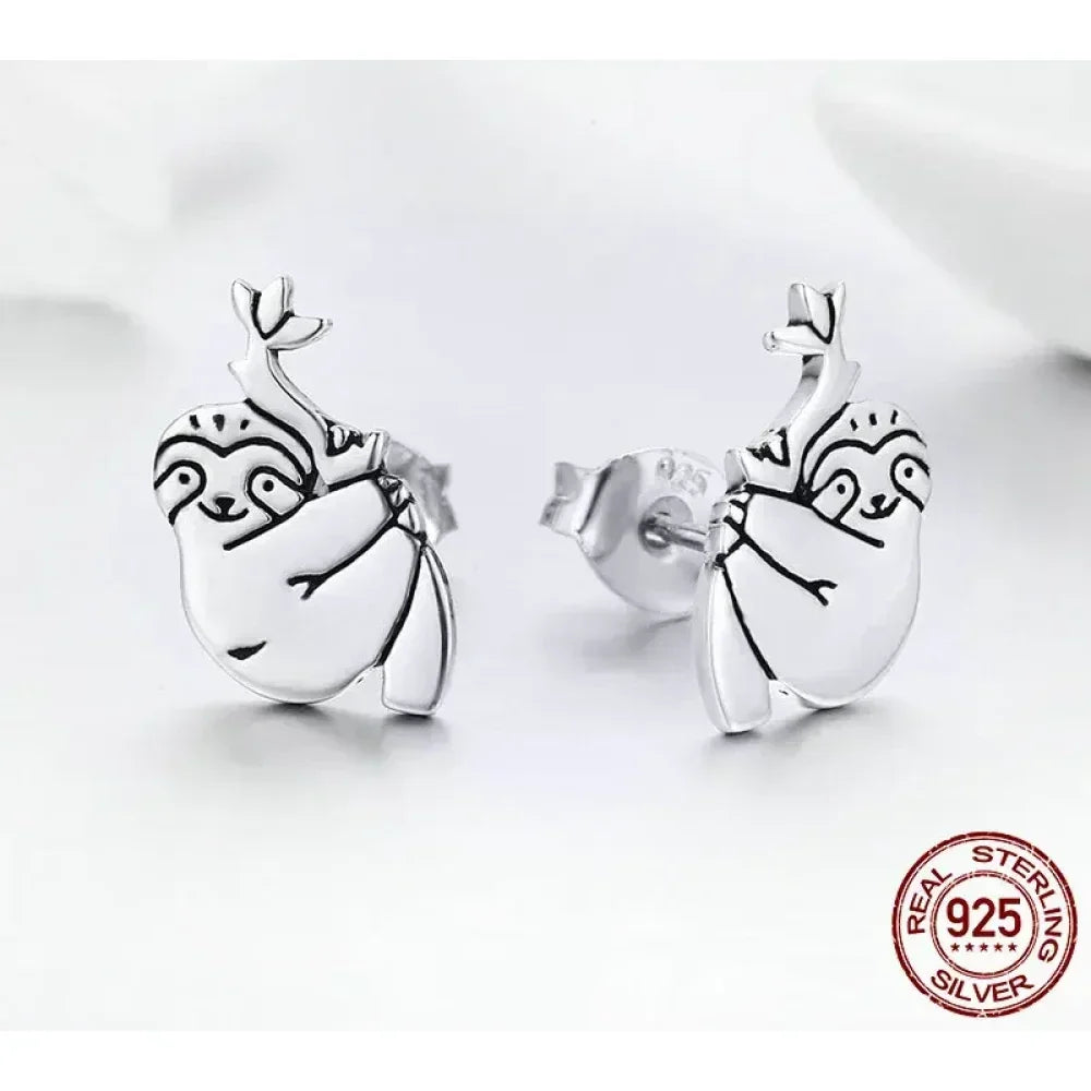 Adorable Sloth Stud Earrings In Sterling Silver - Cute Animal Jewelry