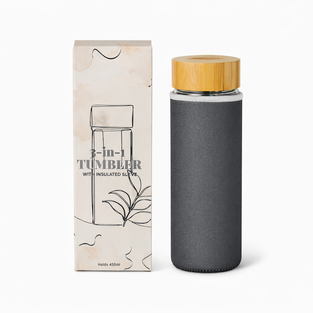 3 in 1 Sustainable Glass and Bamboo Tea Tumbler