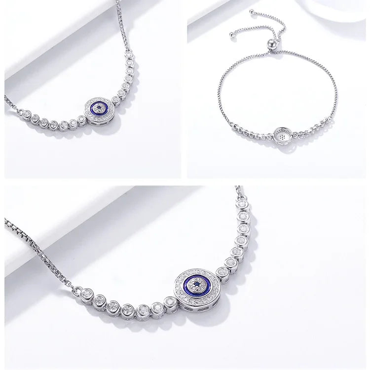 Sterling Silver Evil Eye Tennis Bracelet with CZ – Adjustable
