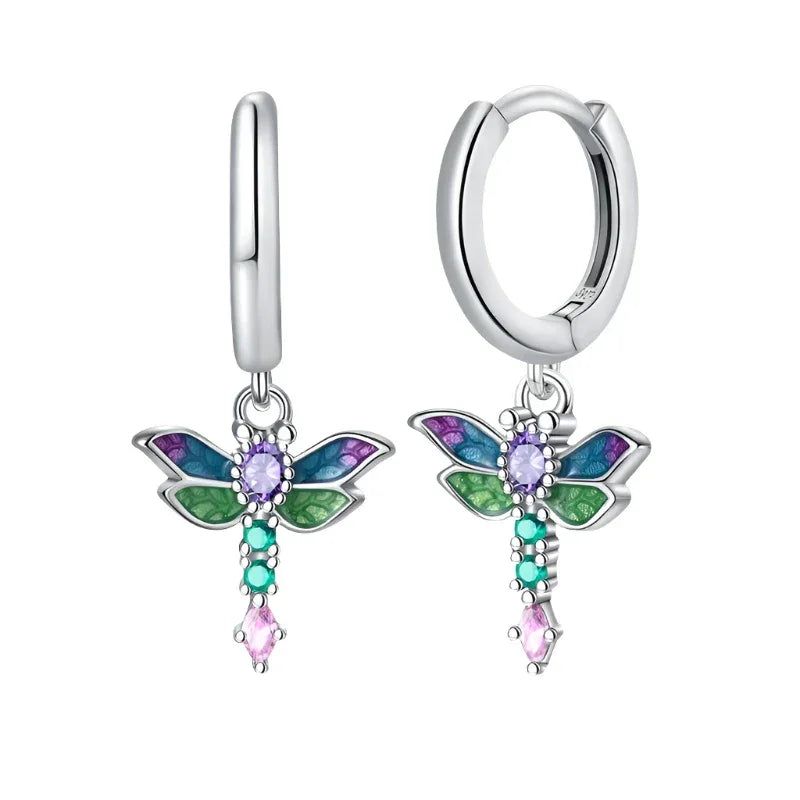 Vibrant Dragonfly Sterling Silver Hoop Earrings