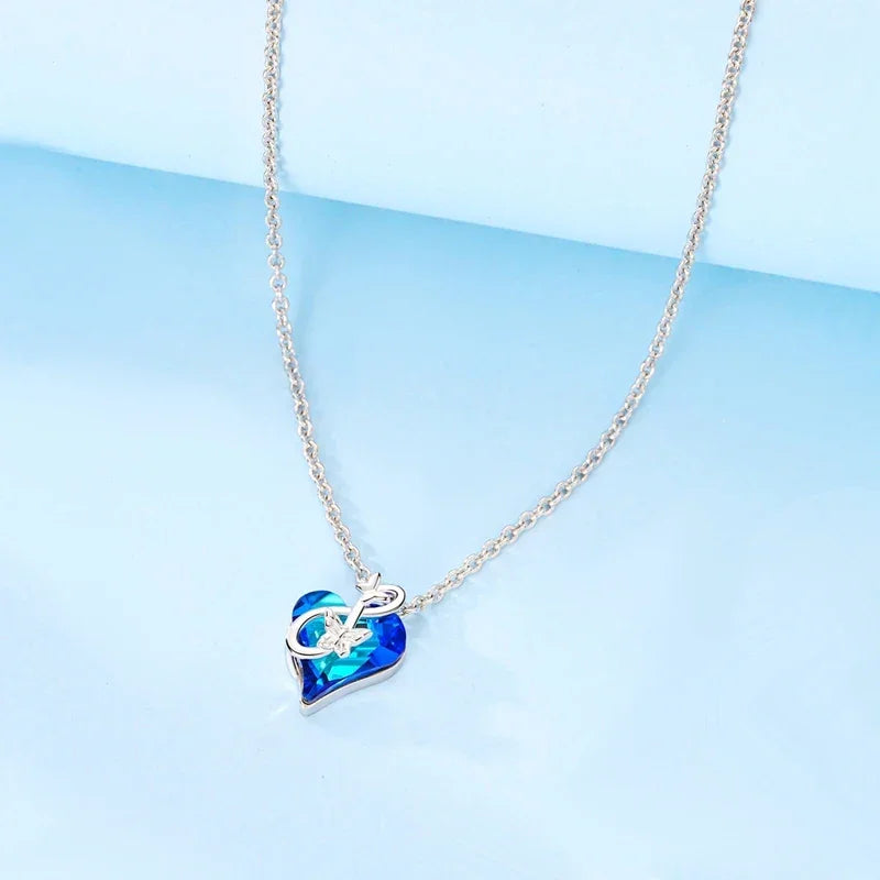 925 Sterling Silver Blue Crystal Heart Butterfly Necklace | CZ Pendant Chain