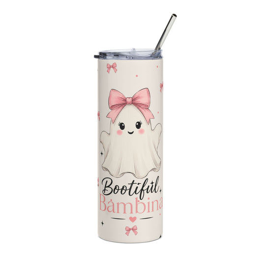 20oz Skinny Tumbler — "Bootiful Bambina" Cute Ghost Pink Bow Stainless Steel Travel Cup | The Bespoke Bambina