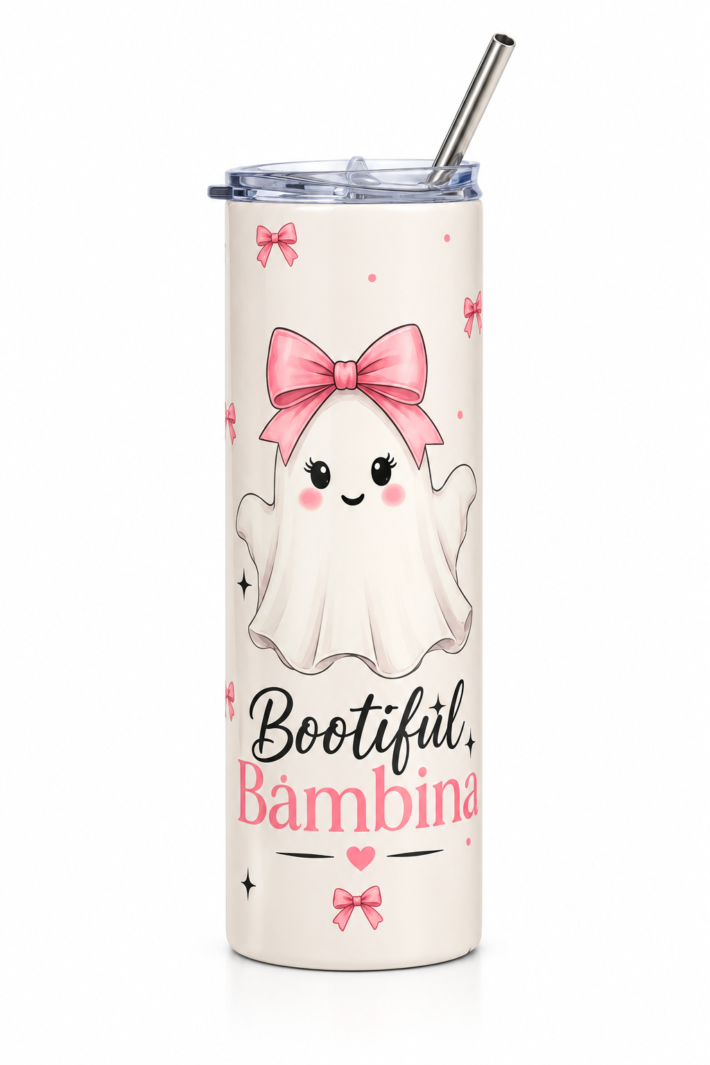 20oz Skinny Tumbler — "Bootiful Bambina" Cute Ghost Pink Bow Stainless Steel Travel Cup | The Bespoke Bambina