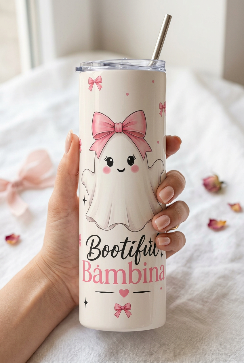 20oz Skinny Tumbler — "Bootiful Bambina" Cute Ghost Pink Bow Stainless Steel Travel Cup | The Bespoke Bambina