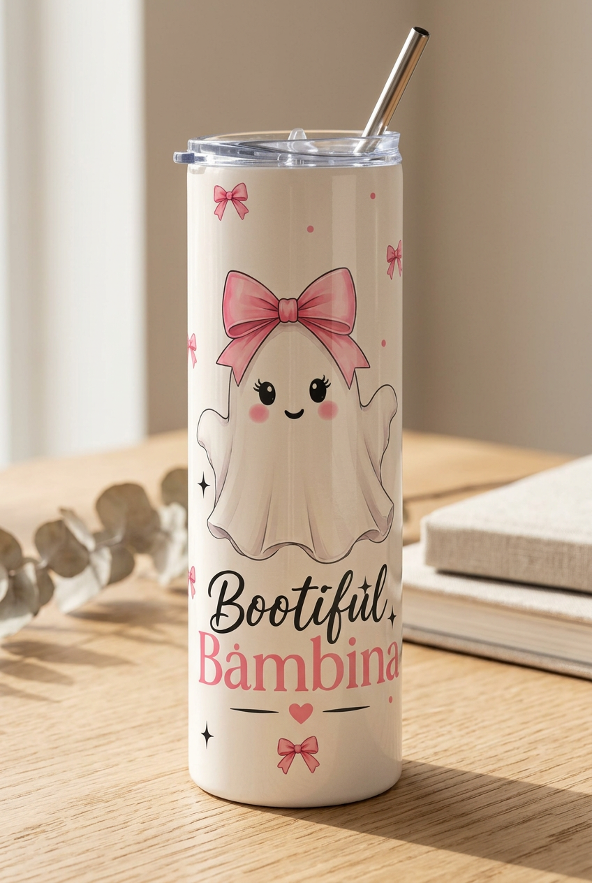 20oz Skinny Tumbler — "Bootiful Bambina" Cute Ghost Pink Bow Stainless Steel Travel Cup | The Bespoke Bambina