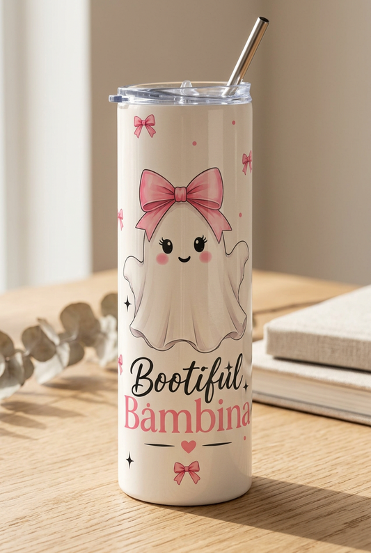 20oz Skinny Tumbler — "Bootiful Bambina" Cute Ghost Pink Bow Stainless Steel Travel Cup | The Bespoke Bambina