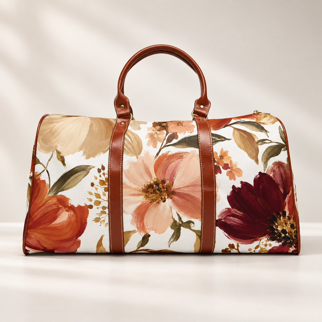 A duffle bag with a white base and a large floral print in warm tones, featuring brown leather handles and trim, photographed against a soft beige studio background.