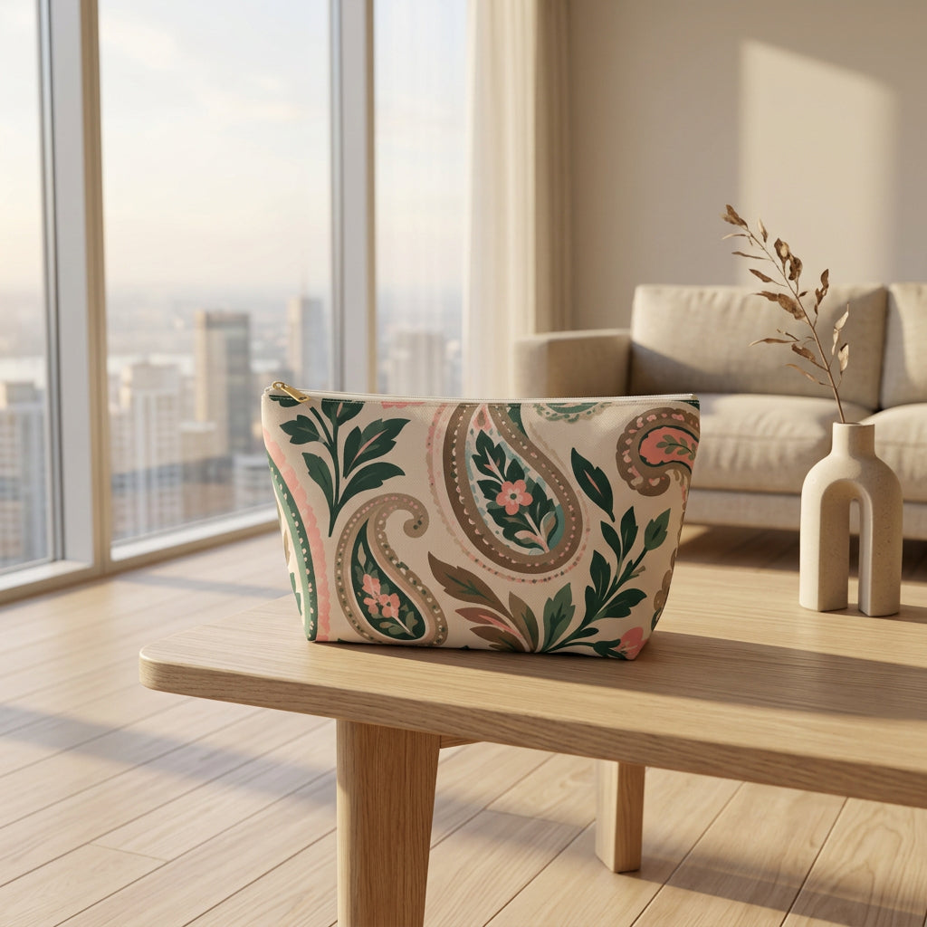 A zippered cosmetic pouch featuring a vintage paisley pattern in green, pink, brown, and beige on a white background.