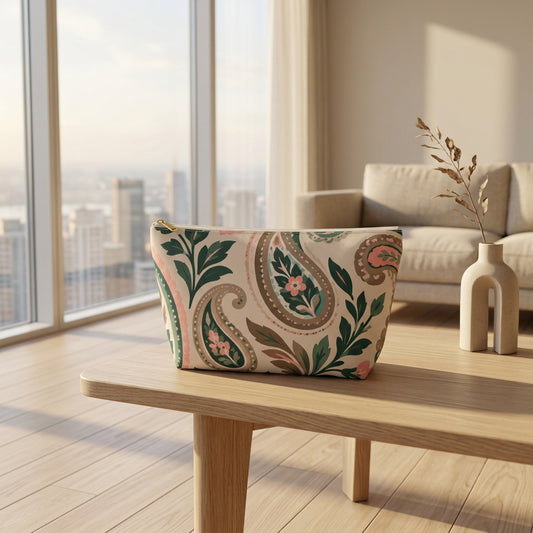 A zippered cosmetic pouch featuring a vintage paisley pattern in green, pink, brown, and beige on a white background.