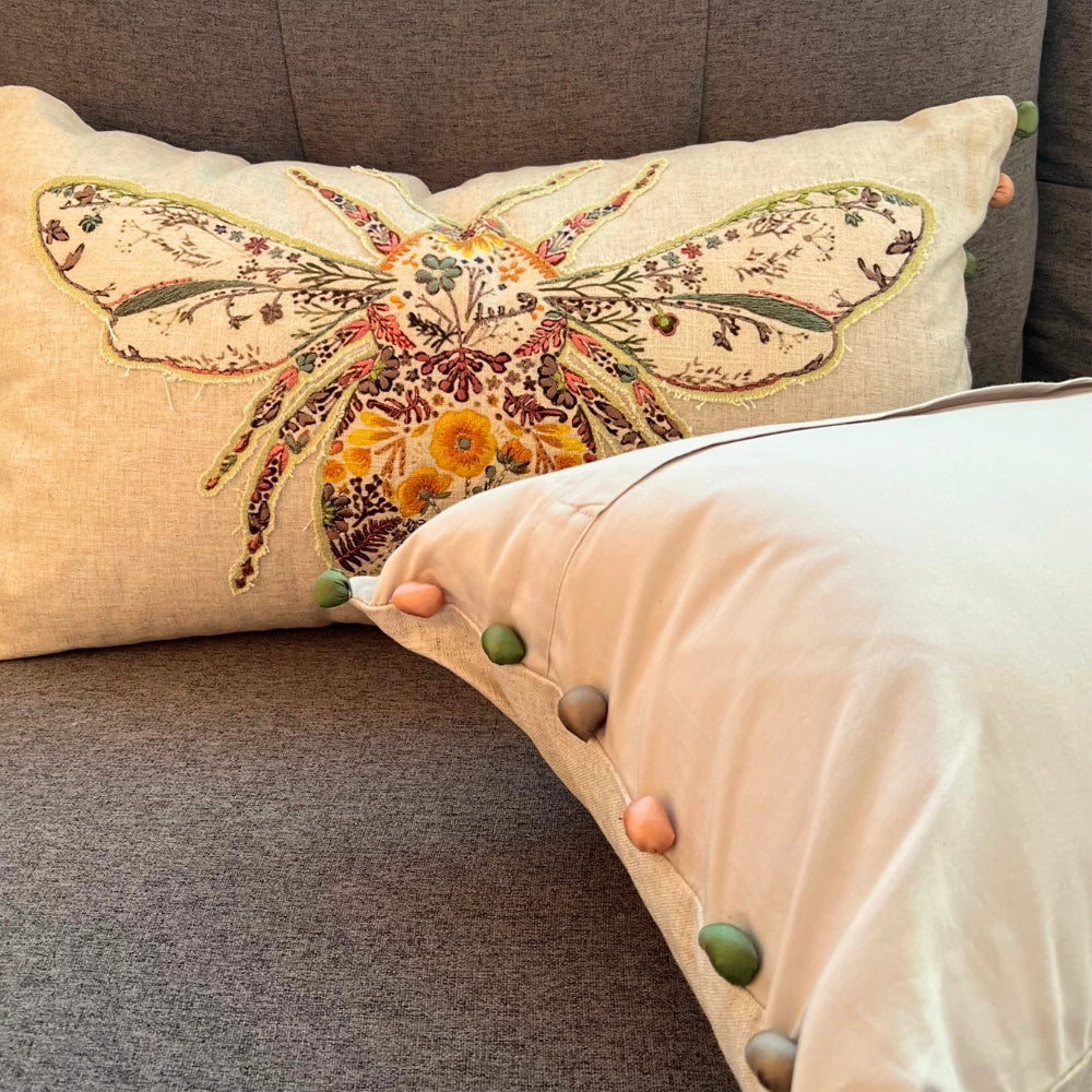 Embroidered Bumblebee Linen Lumbar Pillow Cover – Boho Farmhouse Decorative Accent Pillow with Pom Poms