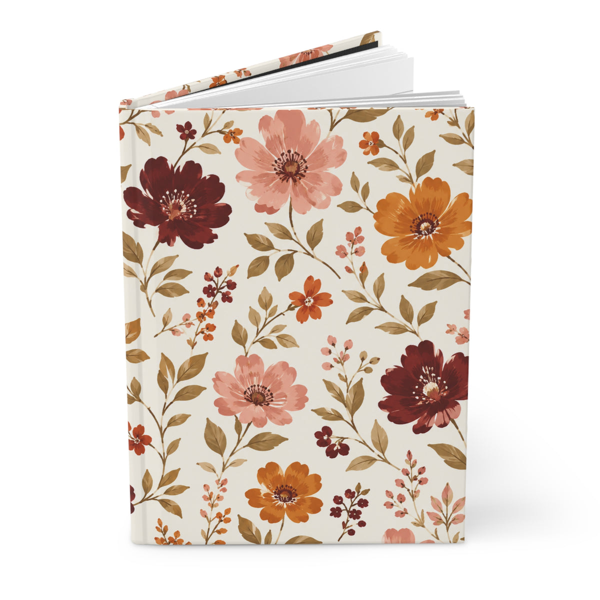 A hardcover notebook with a cream-colored cover decorated with a retro floral pattern featuring pink, orange, and dark red flowers with green and brown leaves, shown on a clean white background.