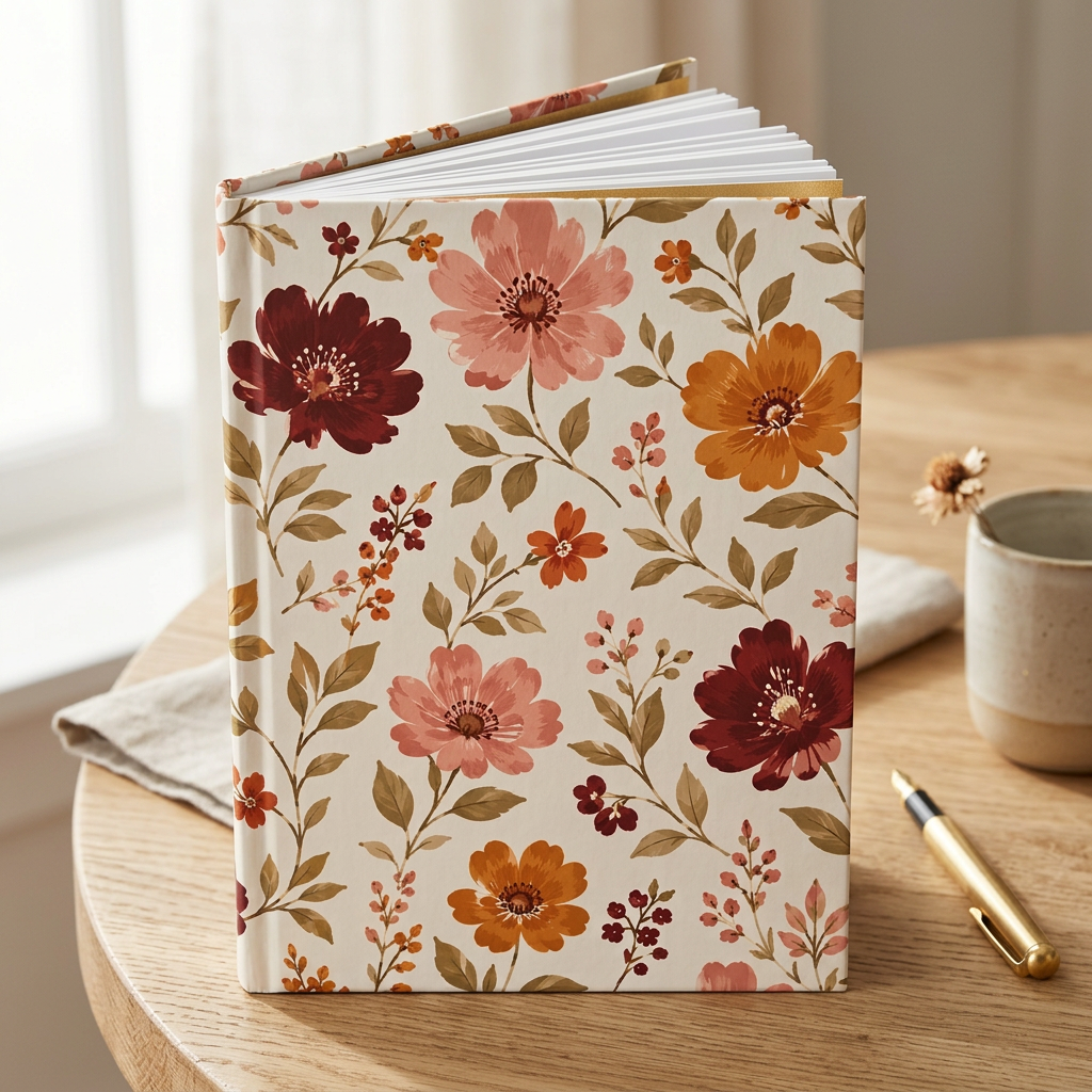 A hardcover notebook or journal standing upright, featuring an all-over floral pattern with large blossoms in coral pink, rust red, and orange on a warm cream background. The cover is photographed against a clean, light gray studio backdrop.