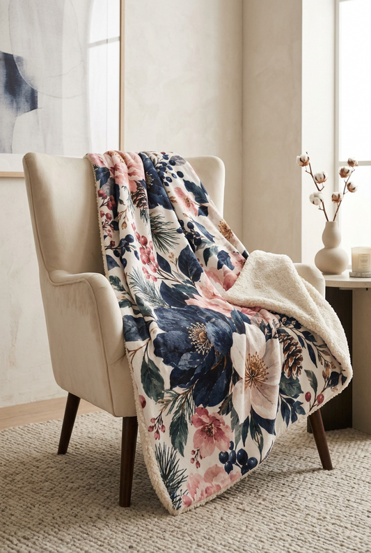 Floral Fleece Sherpa Blanket | Petals and Pine Cones | The Bespoke Bambina