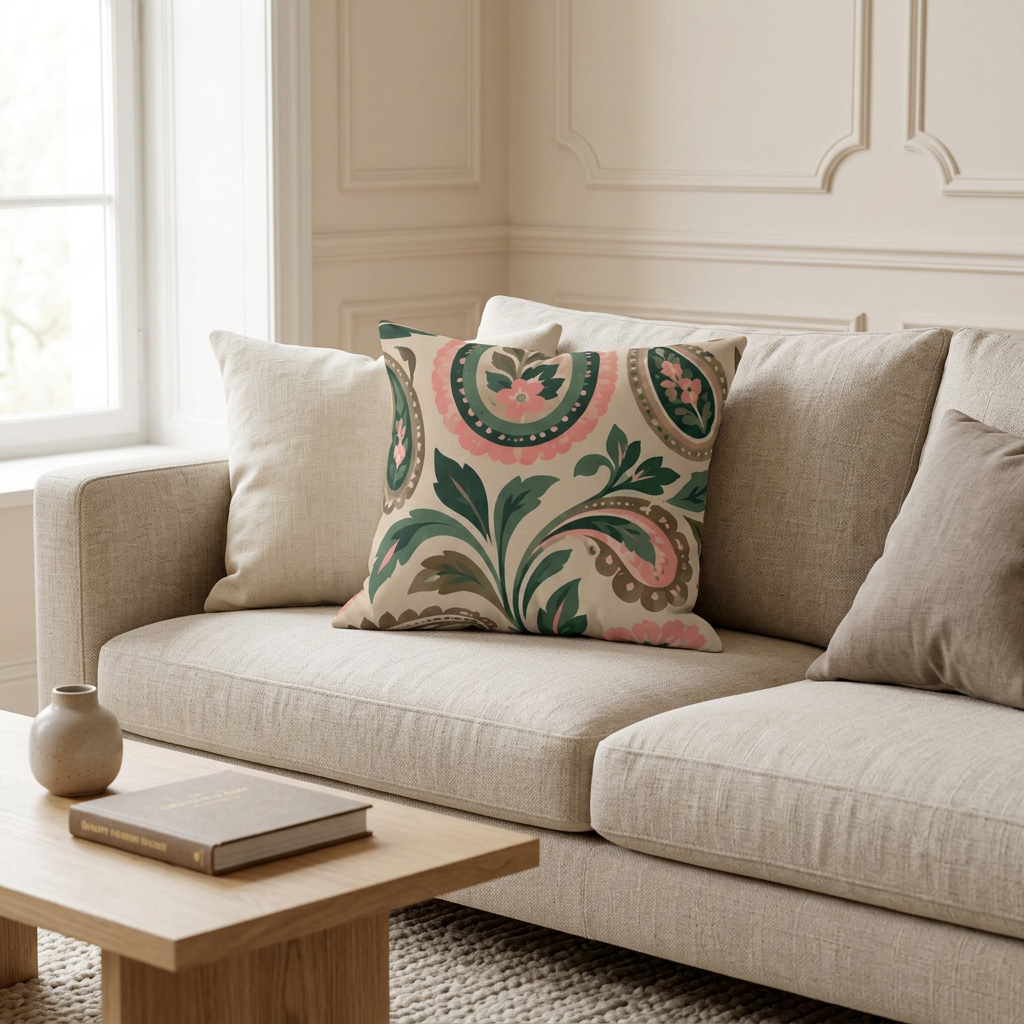 A decorative throw pillow with a green, pink, and beige paisley pattern rests on a light beige fabric sofa in a bright, modern living room setting.