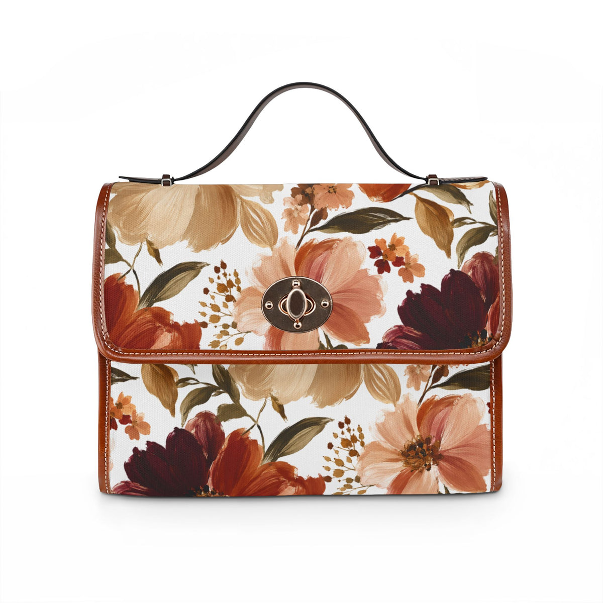 A structured handbag with a floral print featuring large peach, rust, and burgundy flowers with green leaves on a white background, finished with brown leather trim and a top handle.