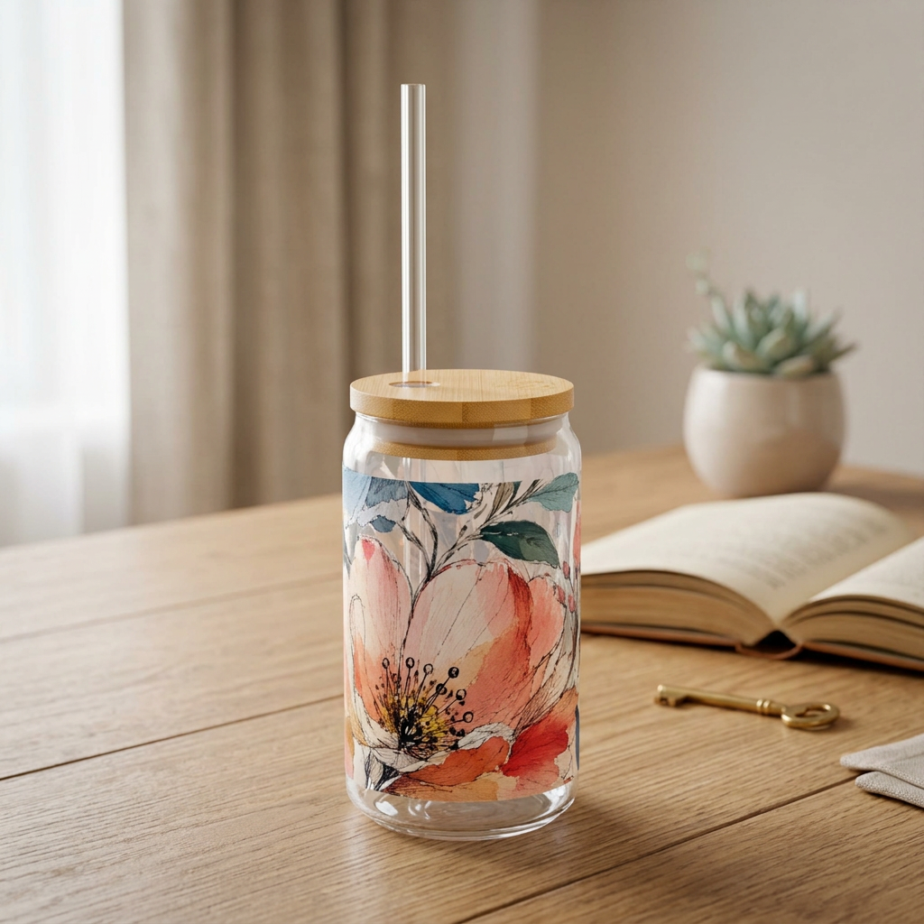 A clear glass can-style tumbler with a bamboo lid and clear straw, decorated with a large watercolor floral print in peach, coral, teal, and cream, sitting on a wooden table with an open book and small plant in the background.
