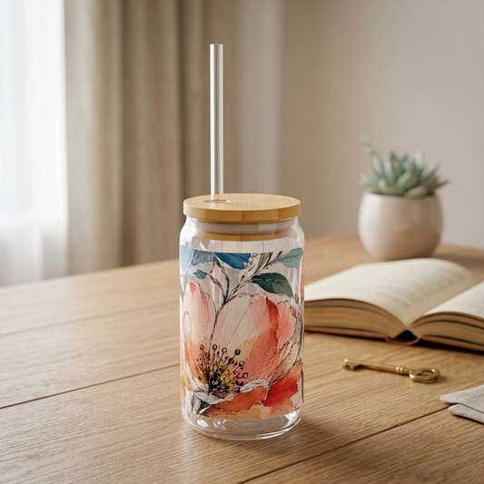 A clear glass can-style tumbler with a bamboo lid and clear straw, decorated with a large watercolor floral print in peach, coral, teal, and cream, sitting on a wooden table with an open book and small plant in the background.