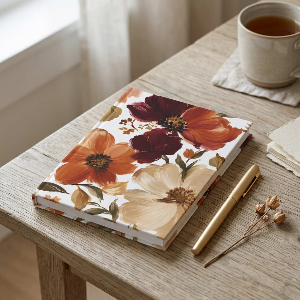 A hardcover notebook with a white cover decorated with a painterly floral pattern in warm autumn tones of orange, beige, brown, and deep red. A small black-and-white logo is visible in the bottom right corner.