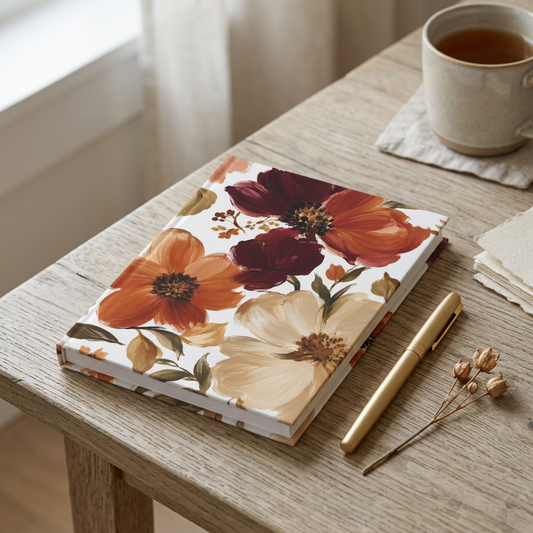 A hardcover notebook with a white cover decorated with a painterly floral pattern in warm autumn tones of orange, beige, brown, and deep red. A small black-and-white logo is visible in the bottom right corner.