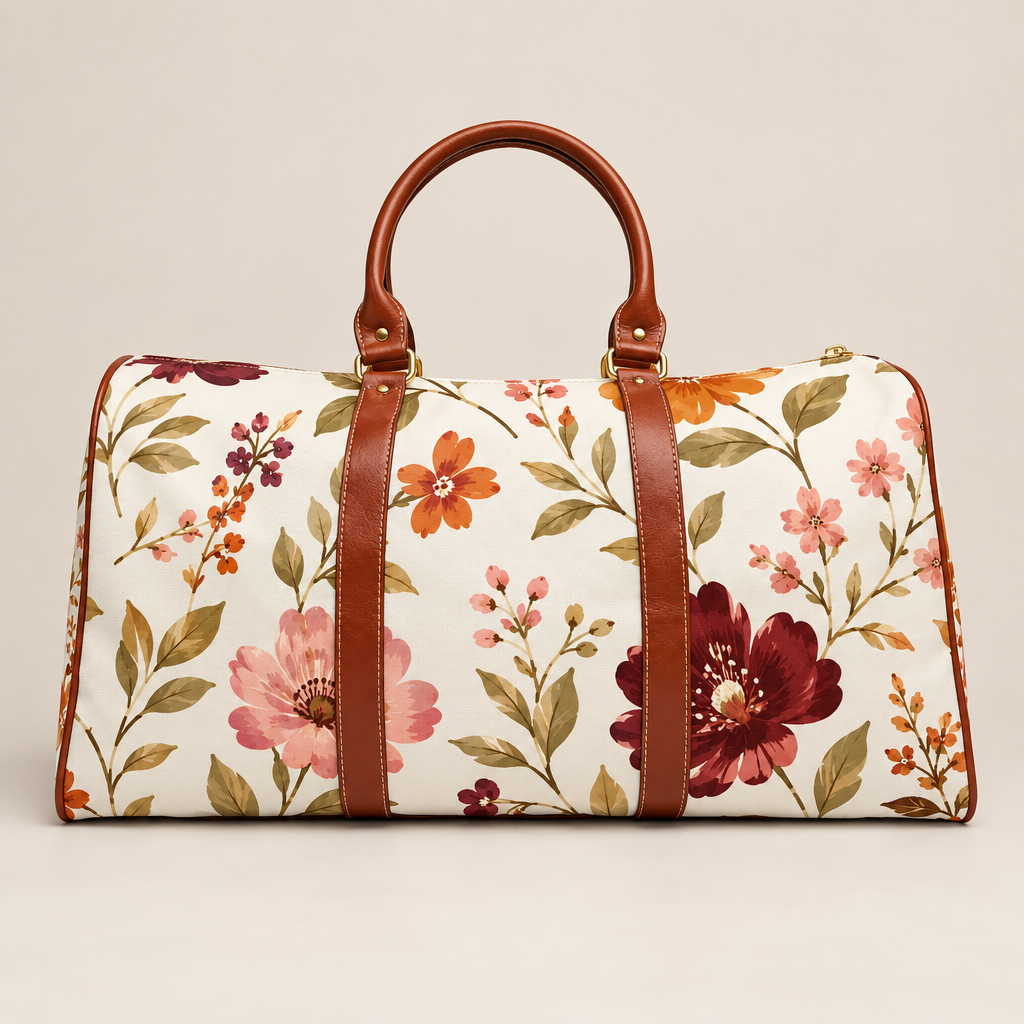 A duffle-style handbag with a cream background and a colorful floral print, featuring brown leather handles and trim, photographed against a solid light beige background.