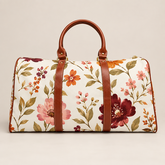 A duffle-style handbag with a cream background and a colorful floral print, featuring brown leather handles and trim, photographed against a solid light beige background.