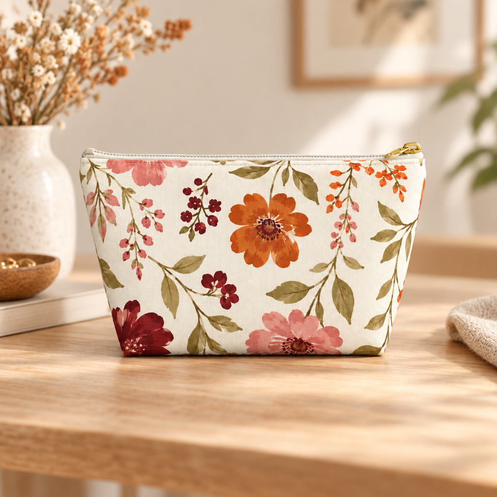 A small zippered pouch with a cream background and a floral print featuring orange, pink, and burgundy flowers with brown leaves, shown on a white background.