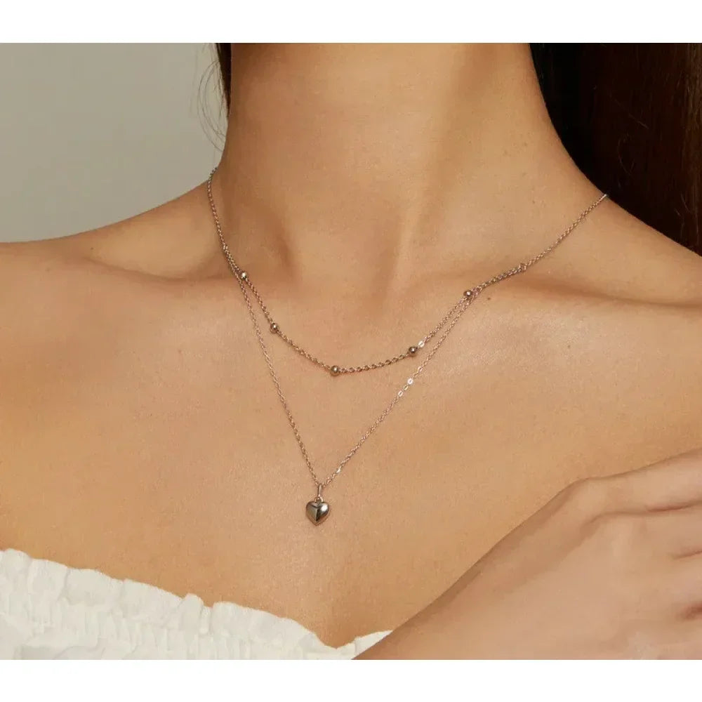 925 Sterling Silver Double Layer Heart Pendant Choker Necklace