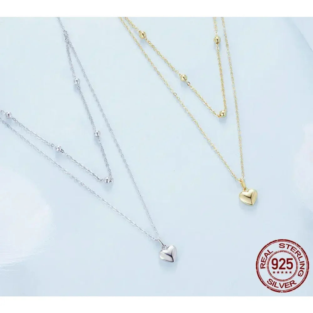 925 Sterling Silver Double Layer Heart Pendant Choker Necklace