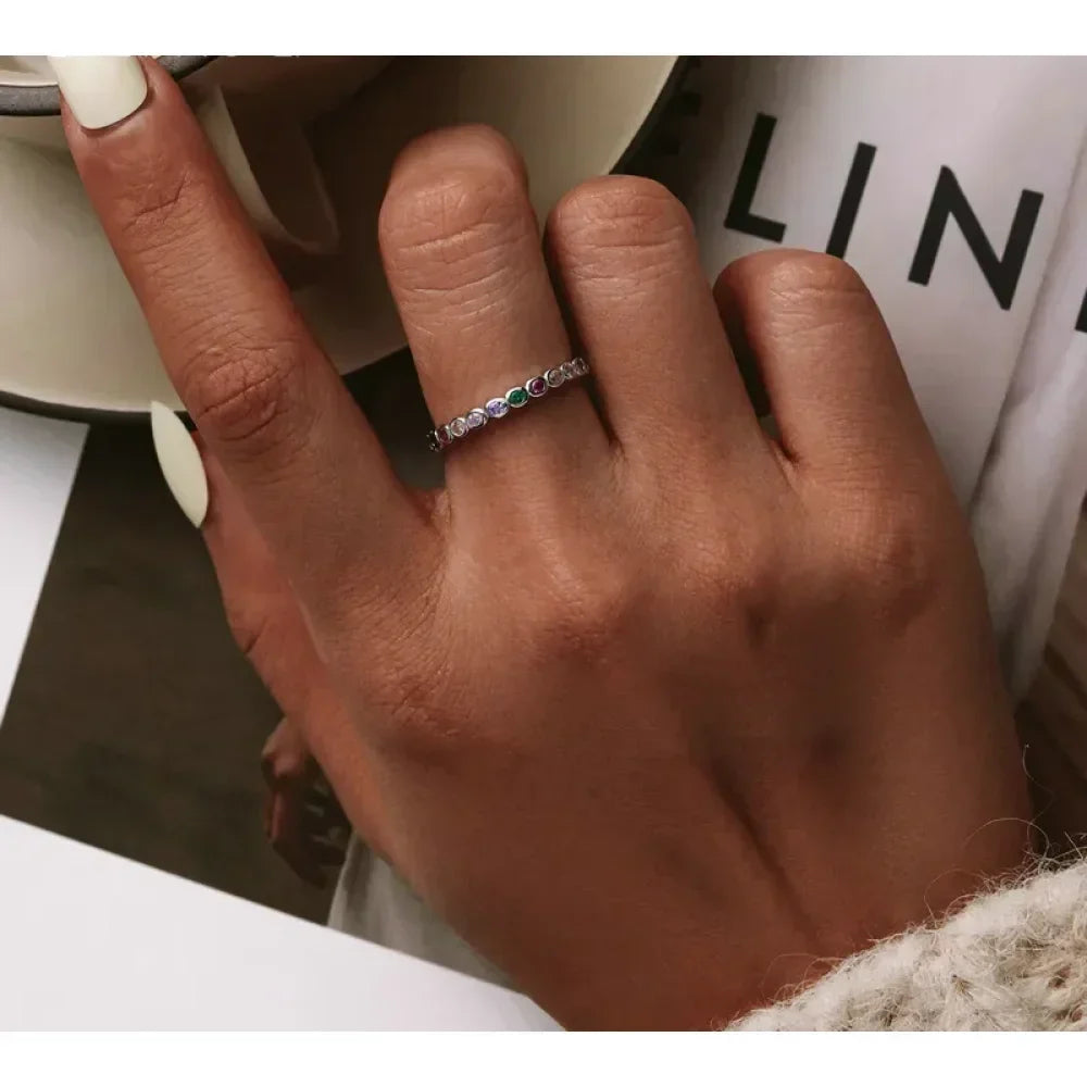 925 Sterling Silver Rainbow CZ Band Ring