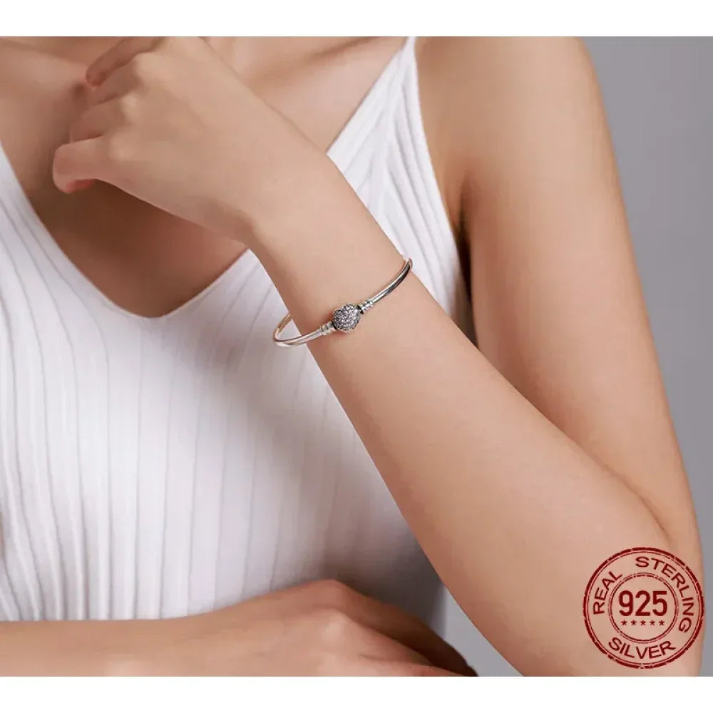 Sterling Silver Snake Chain Bangle Bracelet with CZ Pavé