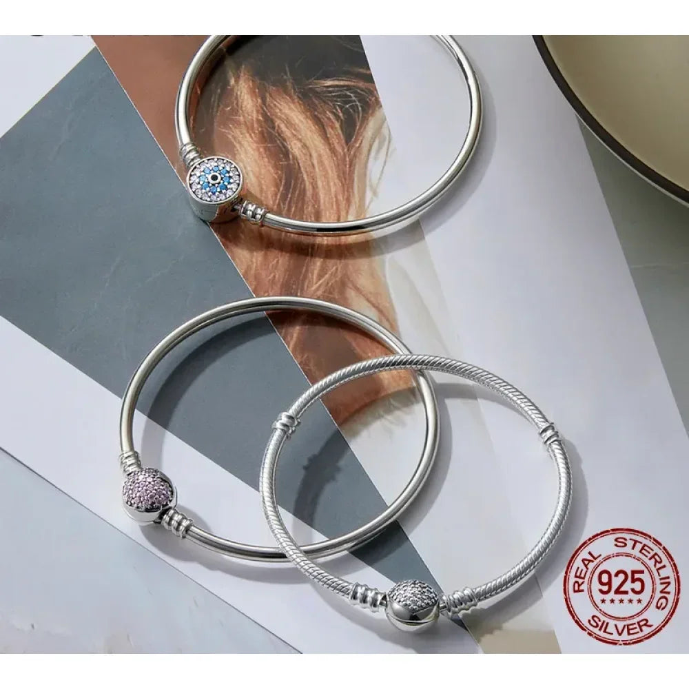 Sterling Silver Snake Chain Bangle Bracelet with CZ Pavé