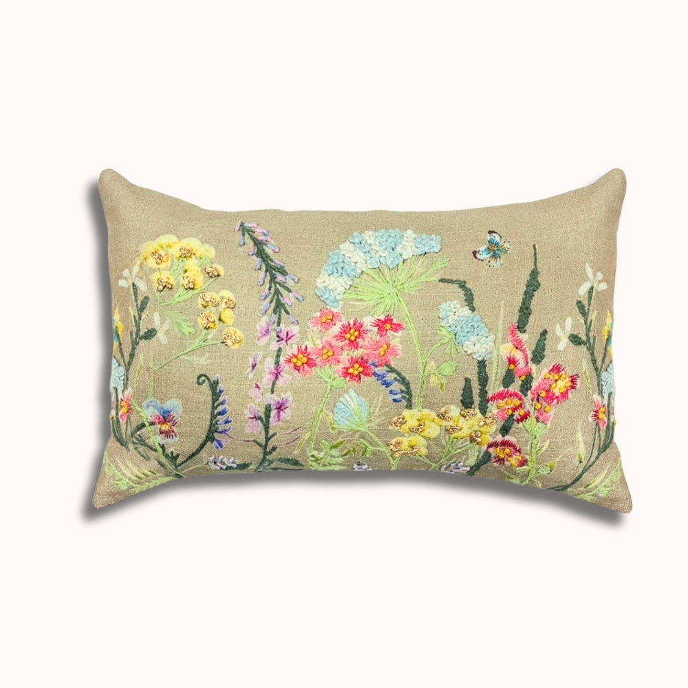 12x20" Embroidered Wildflower Lumbar Pillow – Cotton Front, Paper Silk Back