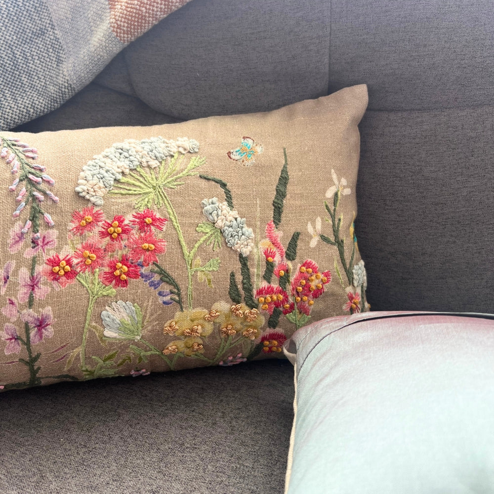 12x20" Embroidered Wildflower Lumbar Pillow – Cotton Front, Paper Silk Back