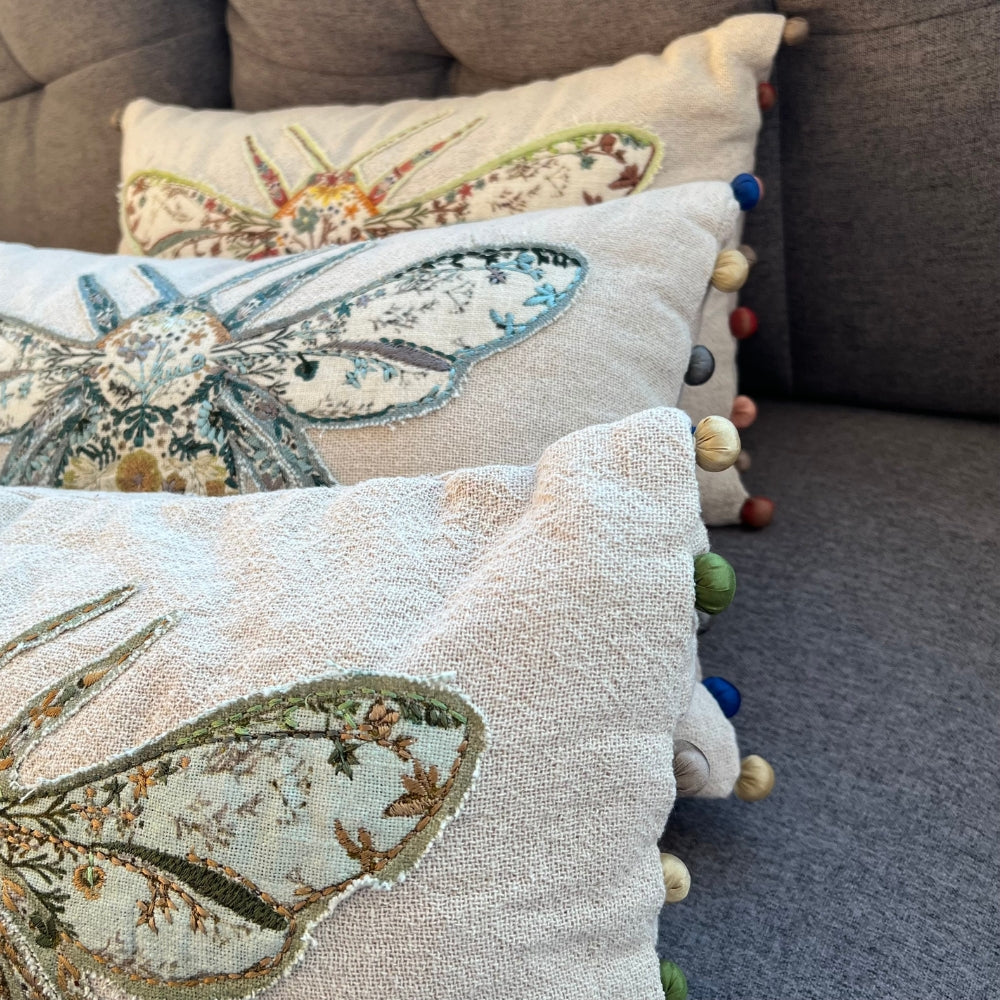 Embroidered Bumblebee Linen Lumbar Pillow Cover – Boho Farmhouse Decorative Accent Pillow with Pom Poms