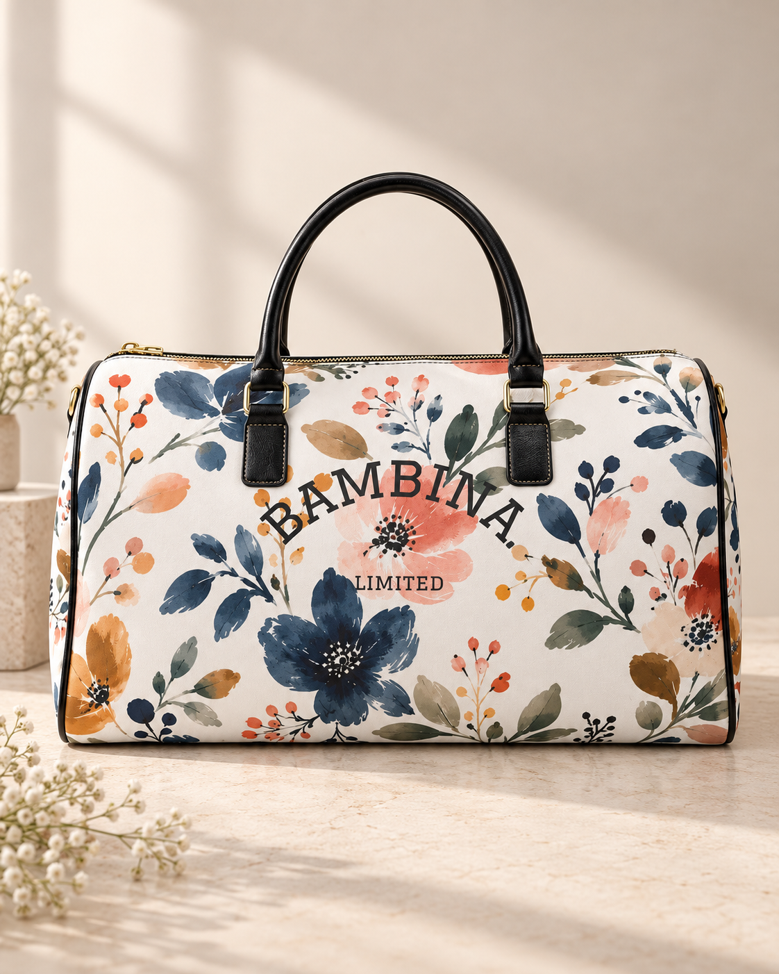 A floral duffle bag with black leather handles, featuring a cream background with blue, orange, and green watercolor flowers. The bag has 'BAMBINA LIMITED' printed on the front in black text, set against a warm beige background with soft shadows and decorative white flowers.