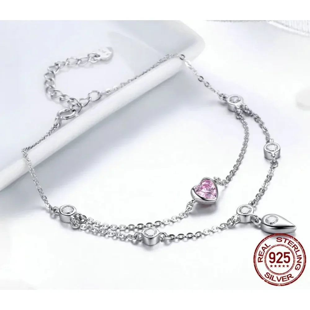 Sterling Silver Double Layer Bracelet with Pink CZ Hearts