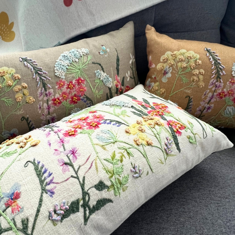 12x20" Embroidered Wildflower Lumbar Pillow – Cotton Front, Paper Silk Back