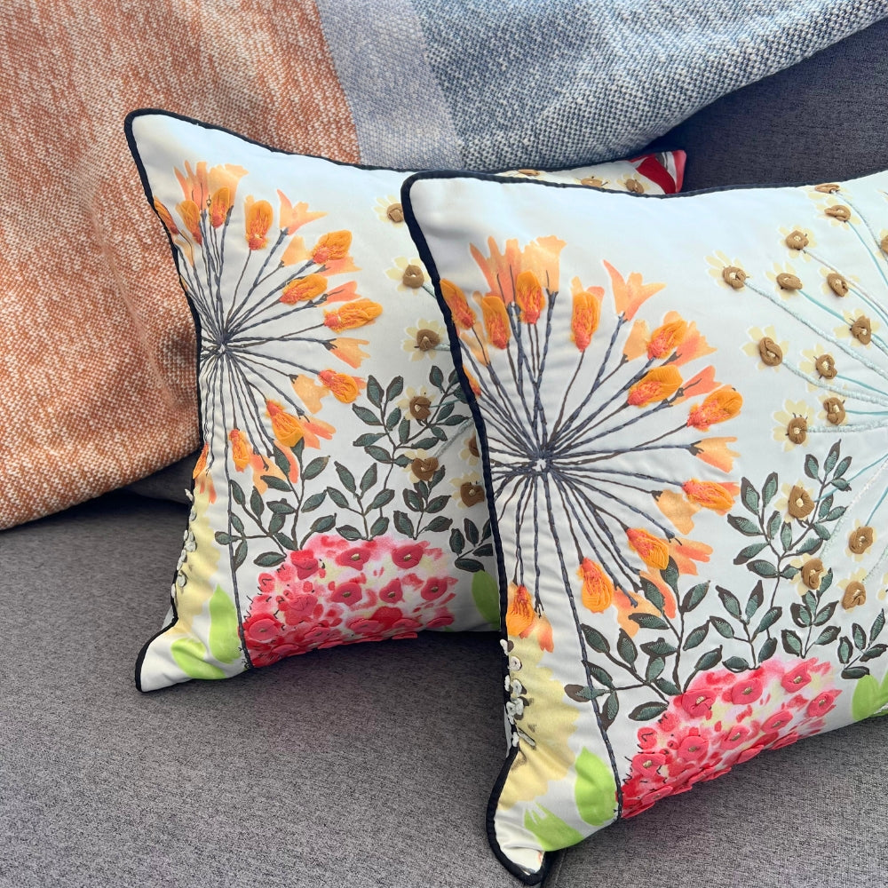16x16" Dandelion Floral Embroidered Pillow Cover – Vibrant Multi-Color Accent with Paper Silk Back