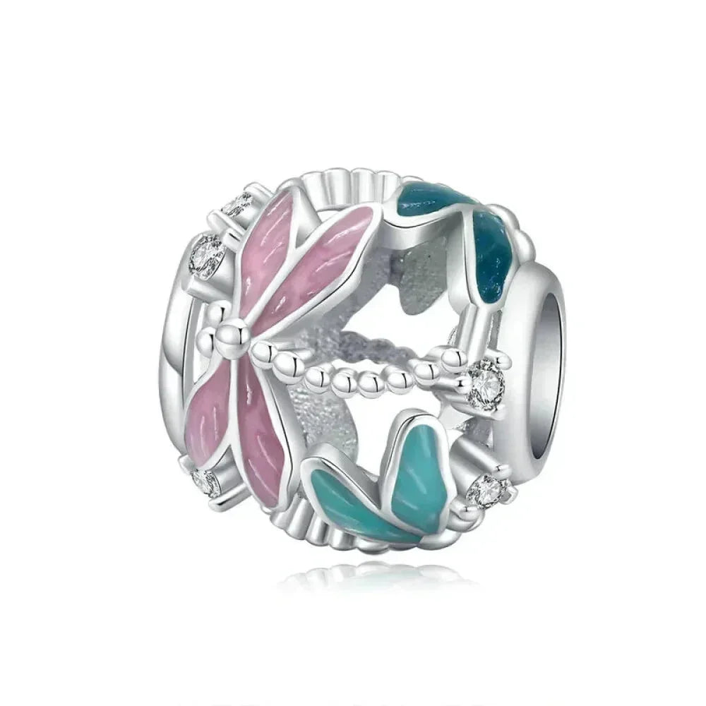 925 Sterling Silver Colorful Birds Flowers Leaves Cz Pendant - Jewelry Charm For Bracelets And Necklaces