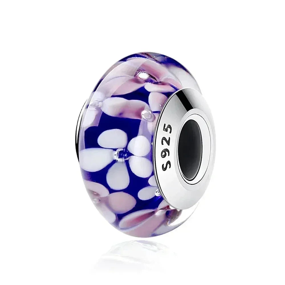 925 Sterling Silver Pink Flower Murano Glass Beads - Diy Bracelet Charms For A Festive Touch (Scz001)