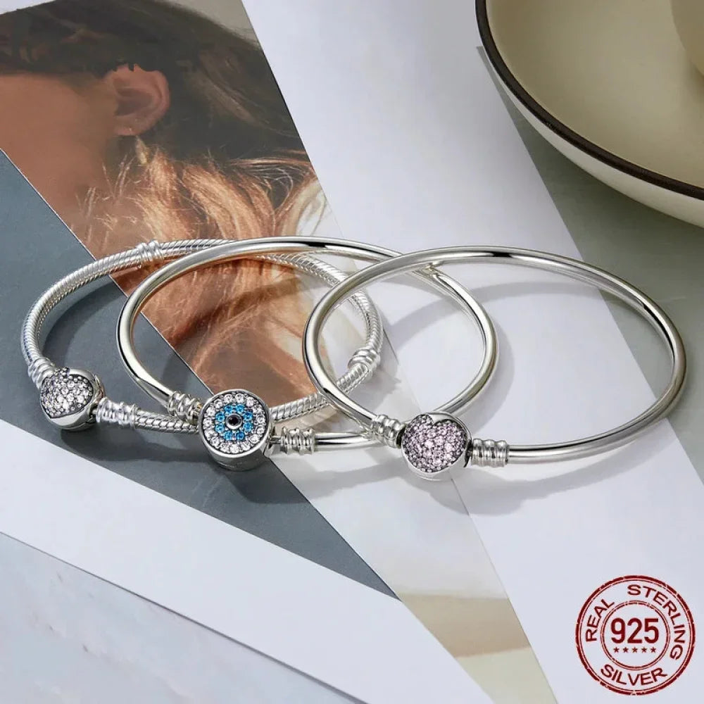 Sterling Silver Snake Chain Bangle Bracelet with CZ Pavé