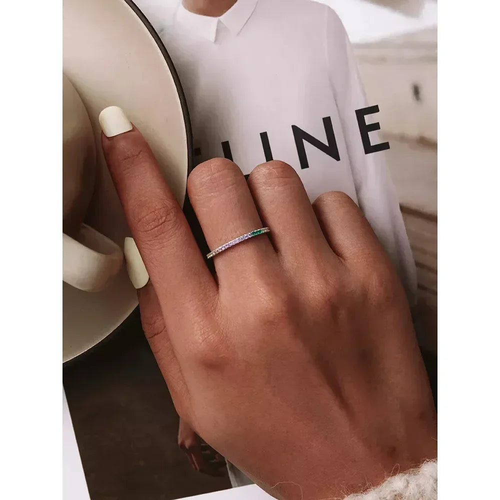 925 Sterling Silver Rainbow CZ Band Ring