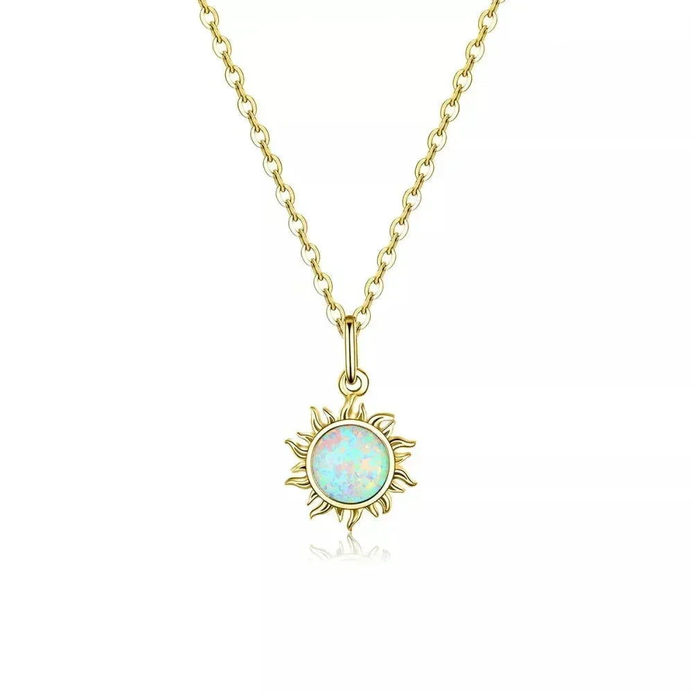 925 Sterling Silver White Opal Sun Pendant Necklace - Apollo Chain for Women