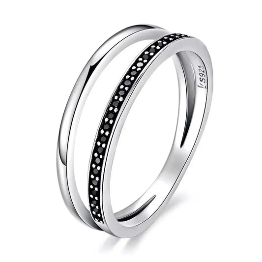 925 Sterling Silver Black & Clear Double Circle CZ Ring