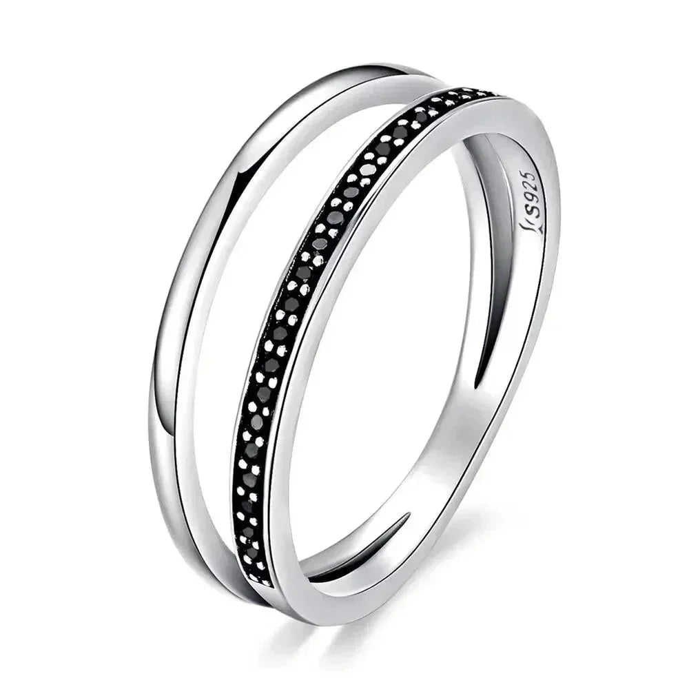 925 Sterling Silver Black & Clear Double Circle CZ Ring