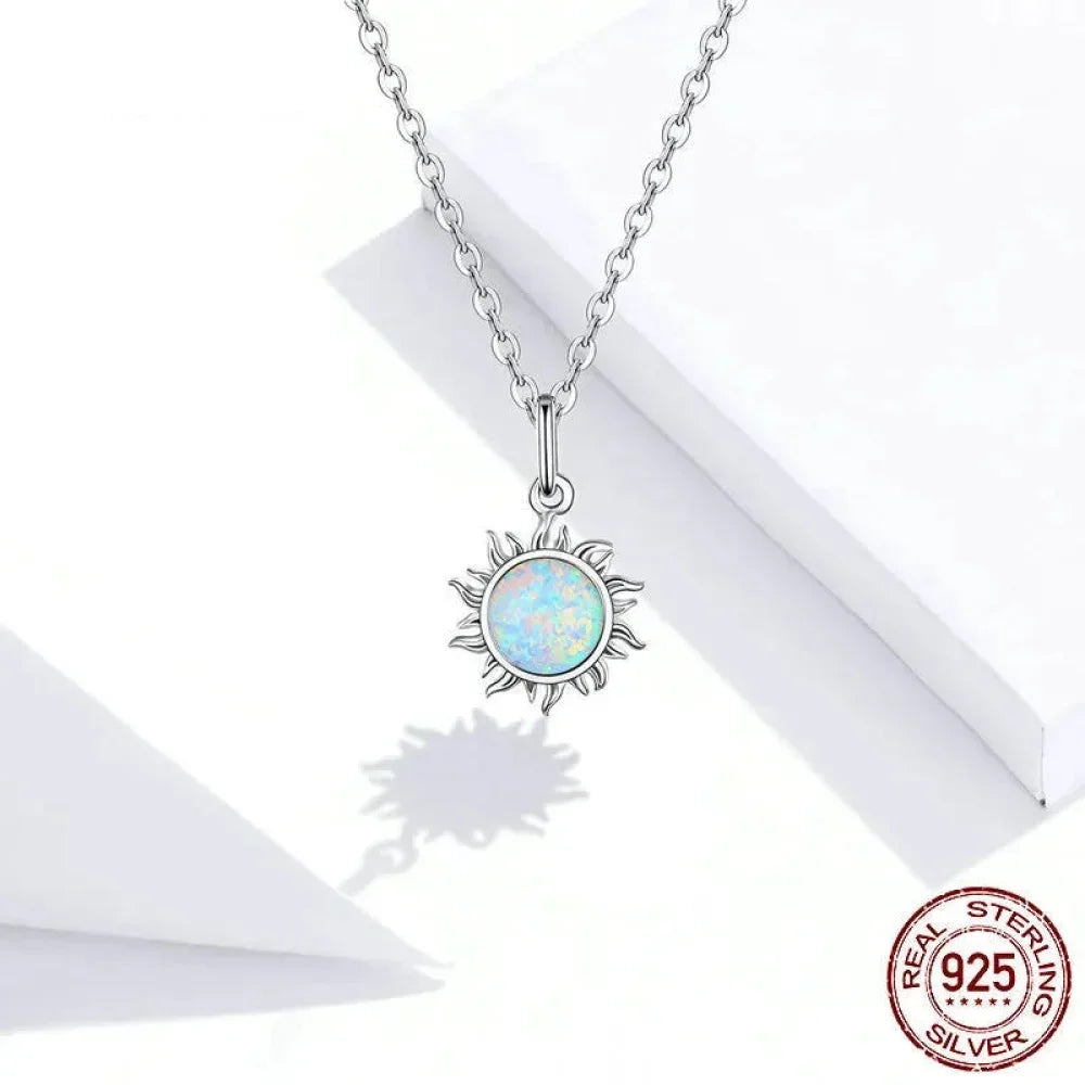 925 Sterling Silver White Opal Sun Pendant Necklace - Apollo Chain for Women