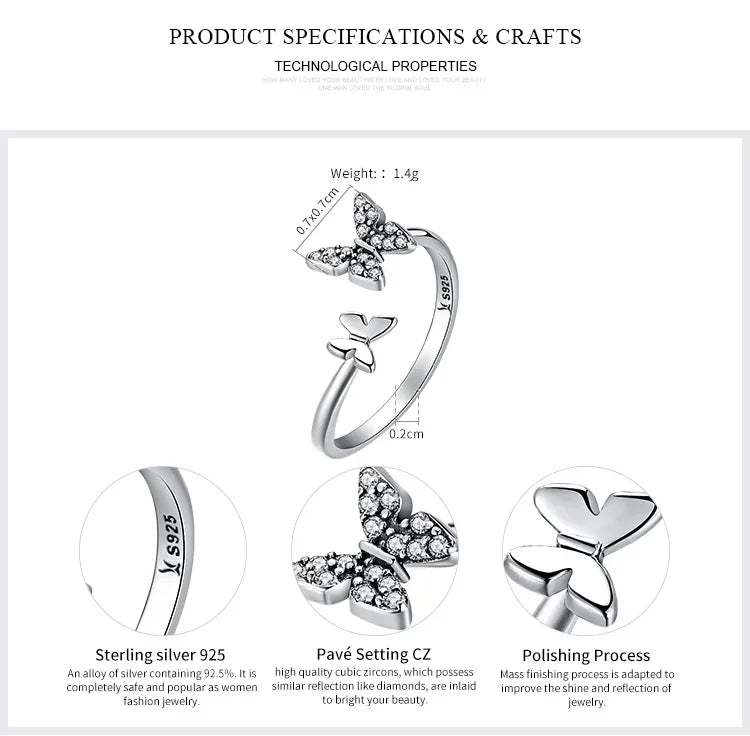 925 Sterling Silver CZ Butterfly Open Ring