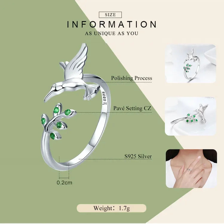 925 Sterling Silver Green Tree & Bird Open Ring