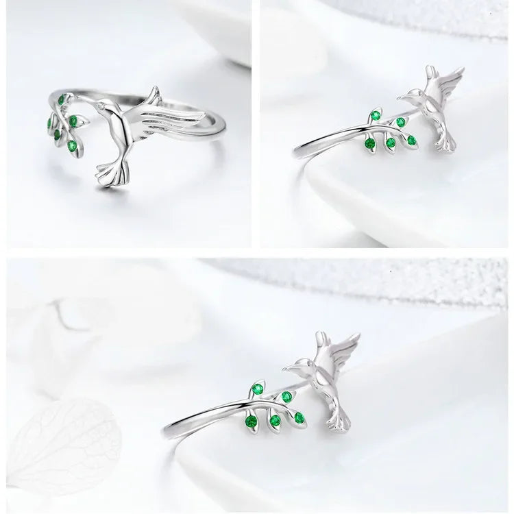 925 Sterling Silver Green Tree & Bird Open Ring